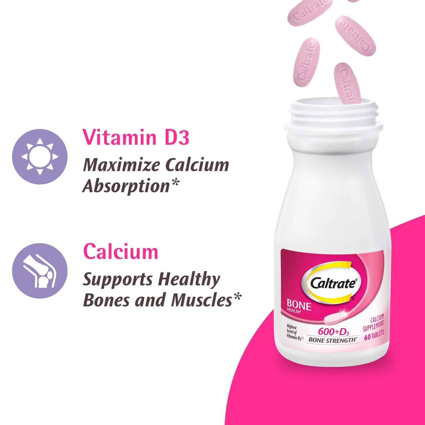 Caltrate 600 Plus D3 Calcium and Vitamin D Supplement Tablets, 60 Count