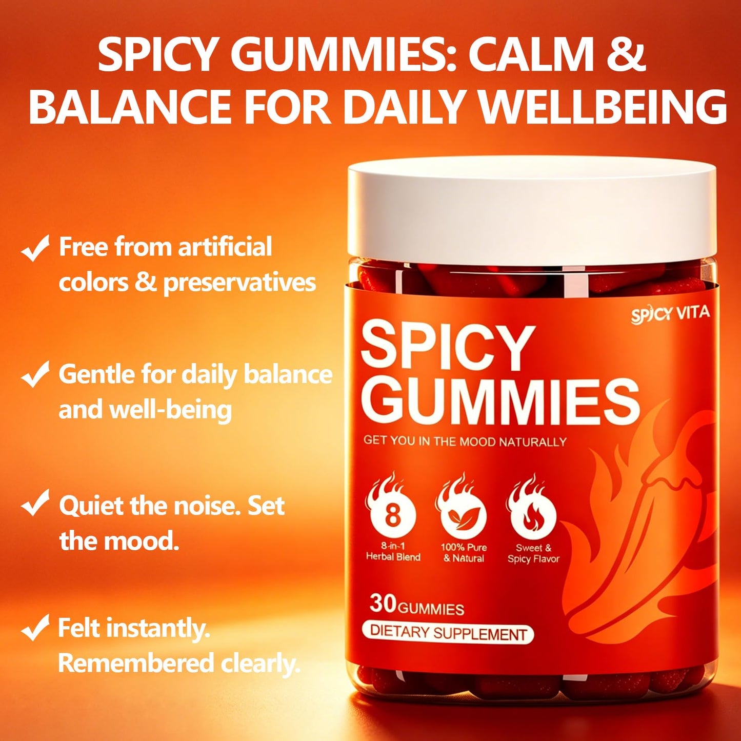CORTISOL DRINK Spicy Hot Peach Gummies for Natural Mood Support, Female Vitality & Energy, with Muira Puama, Chili Pepper & Maca, 30 Gummies