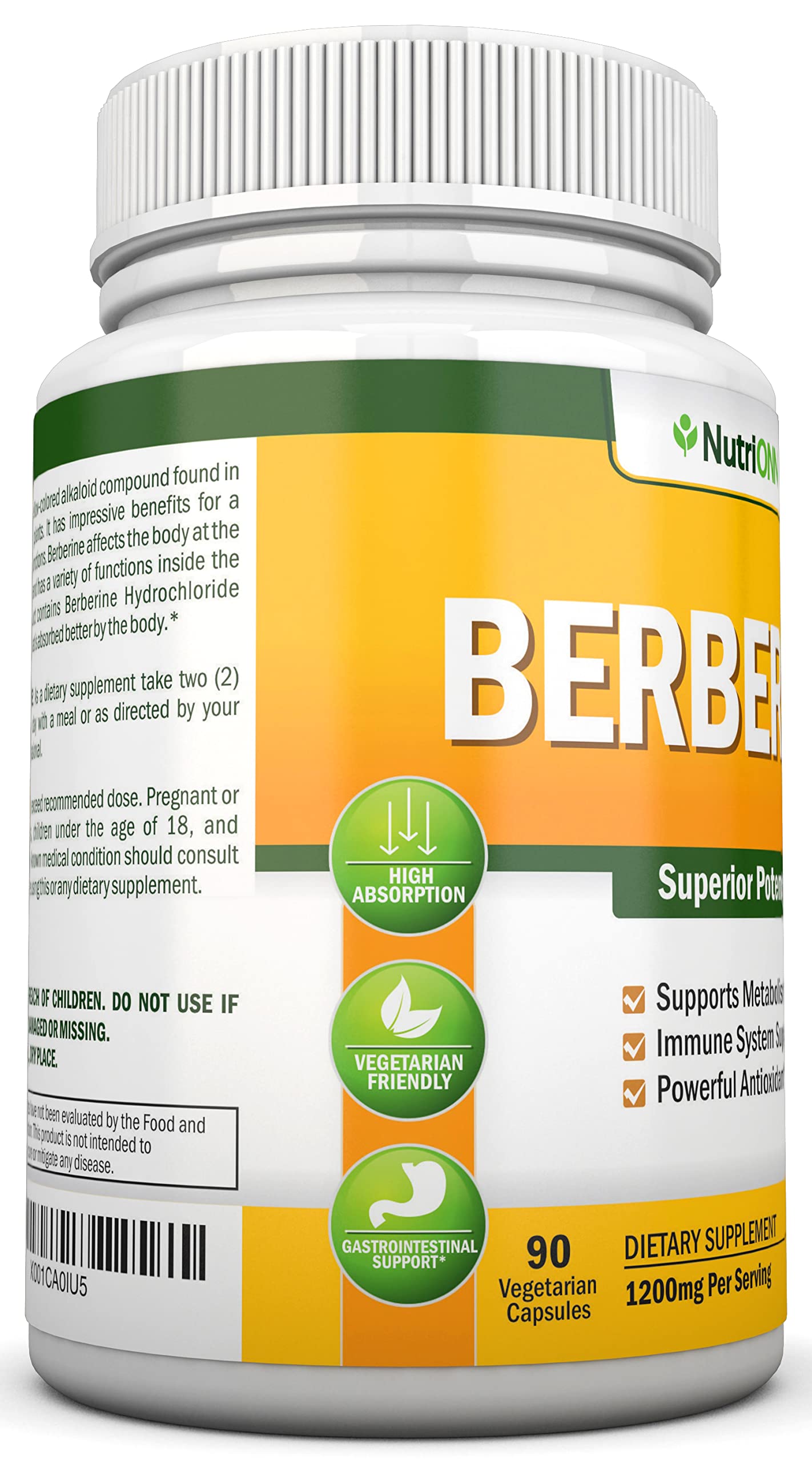NutriONN Berberine HCL Extract 1200mg per Serving, 90 Vegetarian Capsules