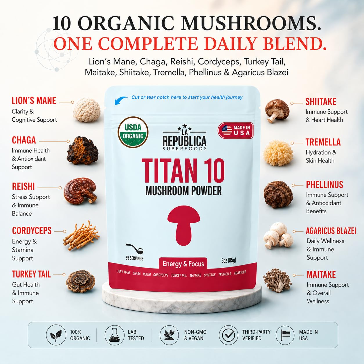 LRLA SUPERFOODS La Republica Titan10 Organic Mushroom Powder, 3 oz