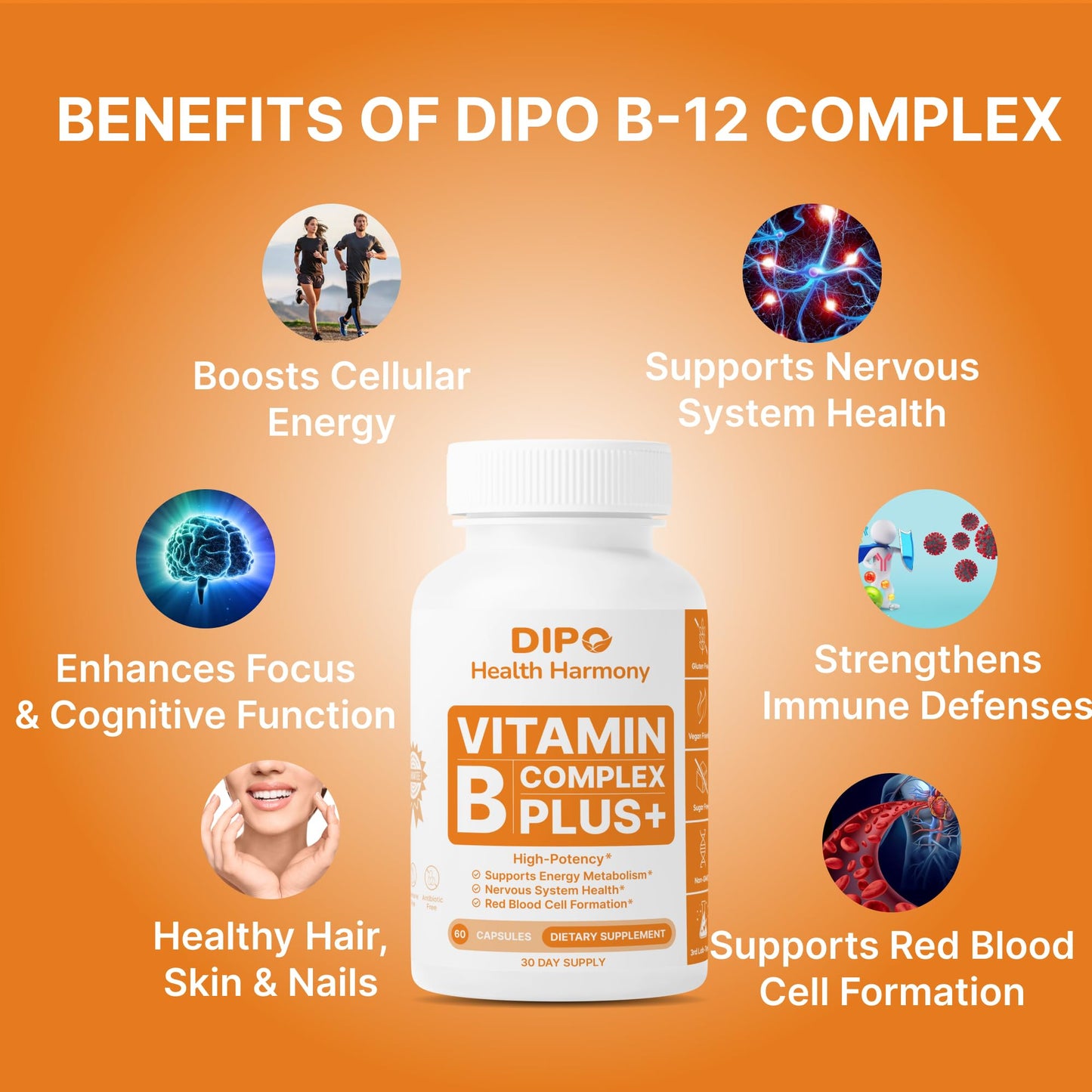DIPO HEALTH HARMONY B-12 Complex Plus 2000mcg Essential B Vitamins, Inositol & Choline - Hair Skin and Nails Vitamin - Supports Energy Metabolism & Brain Function - Vegan Capsule, 60 Count
