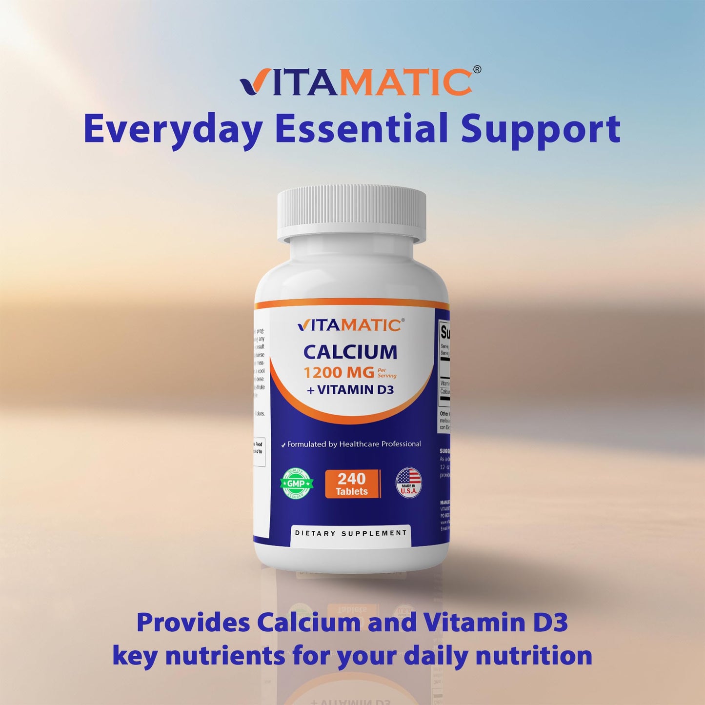 Vitamatic Calcium 1200mg with Vitamin D3 2000 IU (50 mcg) – High Absorption Calcium Carbonate with D3 – Non-GMO, Gluten-Free – 240 Tablets