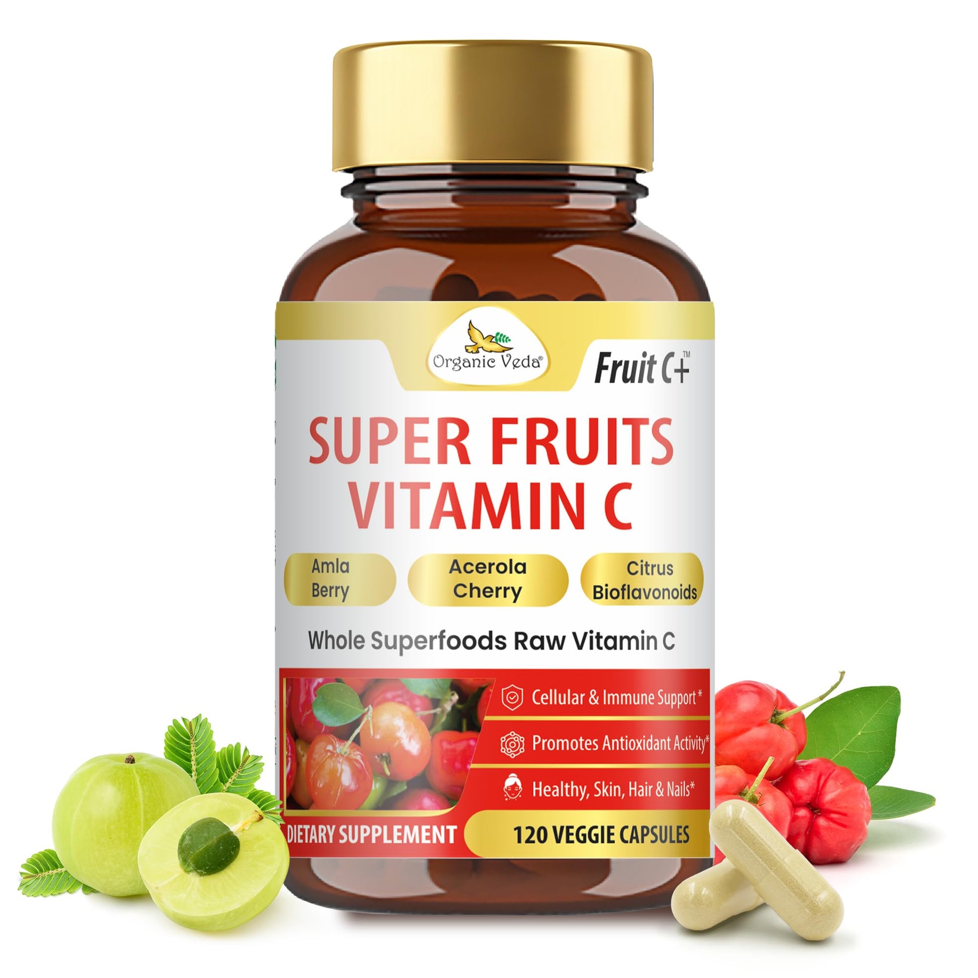 Organic Veda Fruit C+ Vitamin C Complex 1250mg Whole Food Vitamin C Supplement with Citrus Bioflavonoids, Acerola & Amla - 120 Capsules