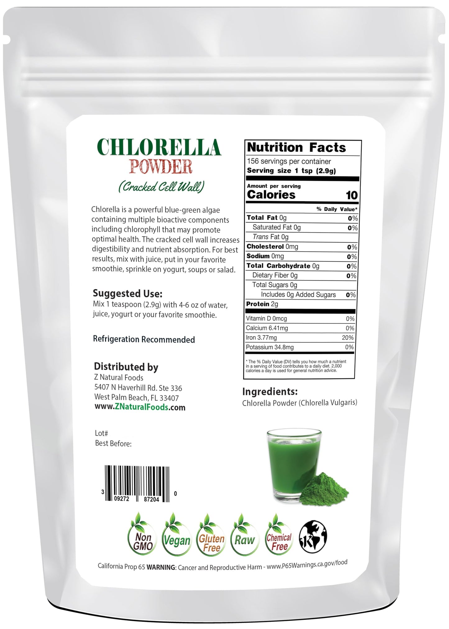 Z Natural Foods Chlorella Powder, Cracked Cell Wall Plant Protein, Blue Green Algae Superfood Powder, 16 oz
