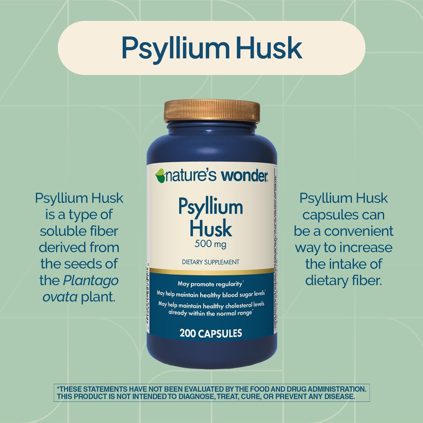 Nature's Wonder Psyllium Husk 500 mg Capsules, 200 Count