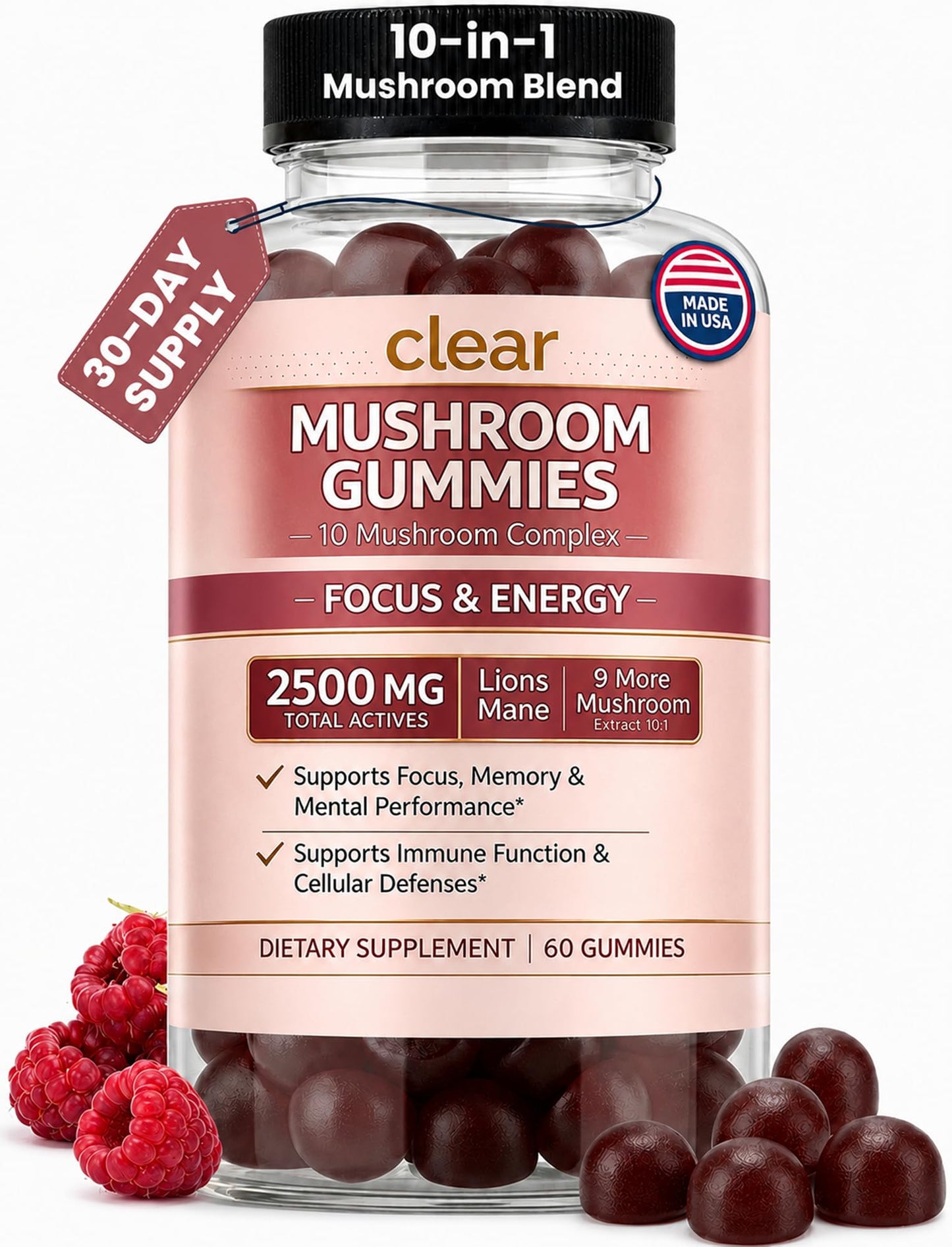 Clear Probiotics Mushroom Gummies for Focus & Energy, 60 Gummies