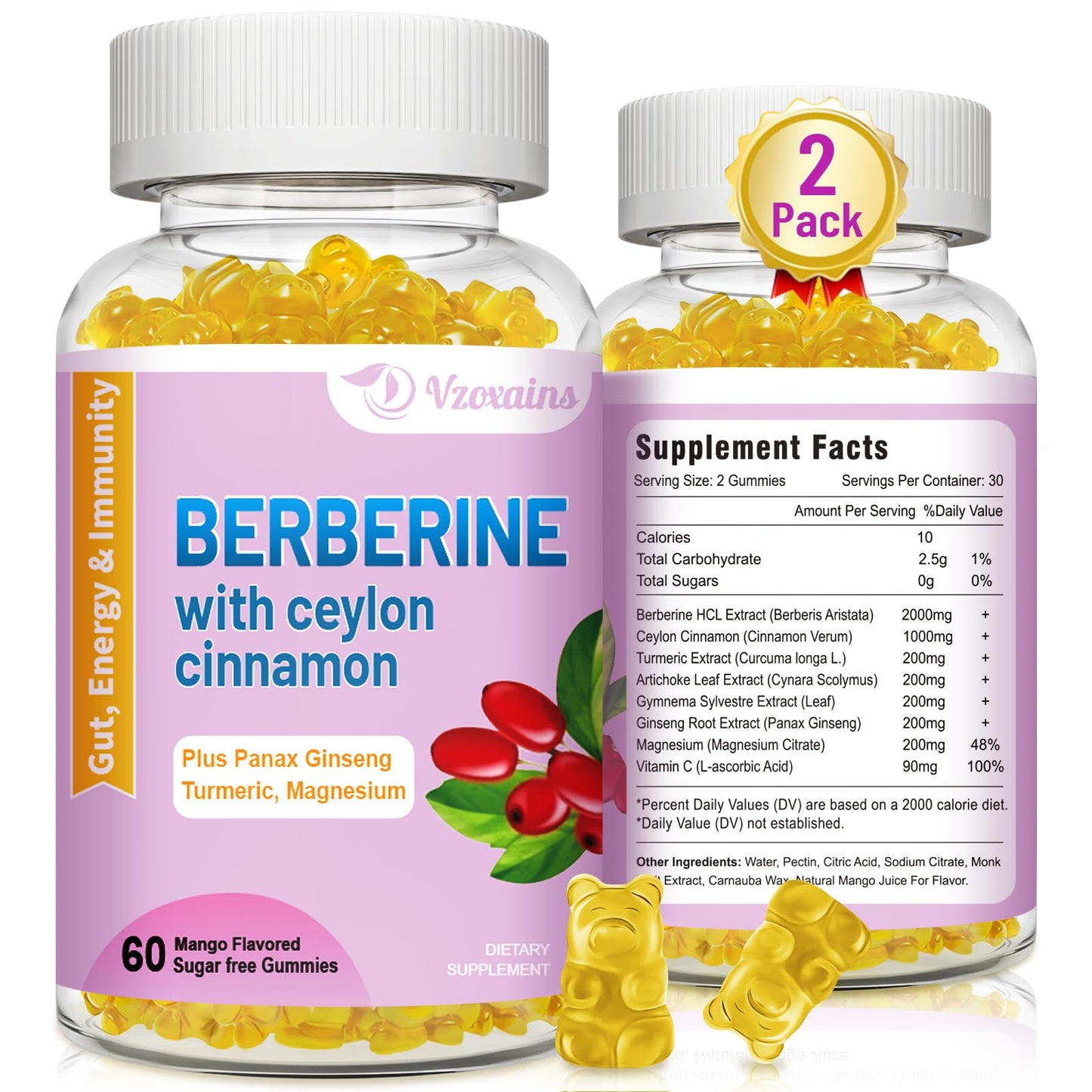VZOXAINS Berberine with Ceylon Cinnamon Gummies, 60 Count