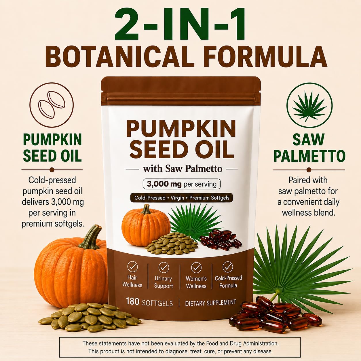 TkPDN Pumpkin Seed Oil with Saw Palmetto 3000mg Capsules, 180 Capsules