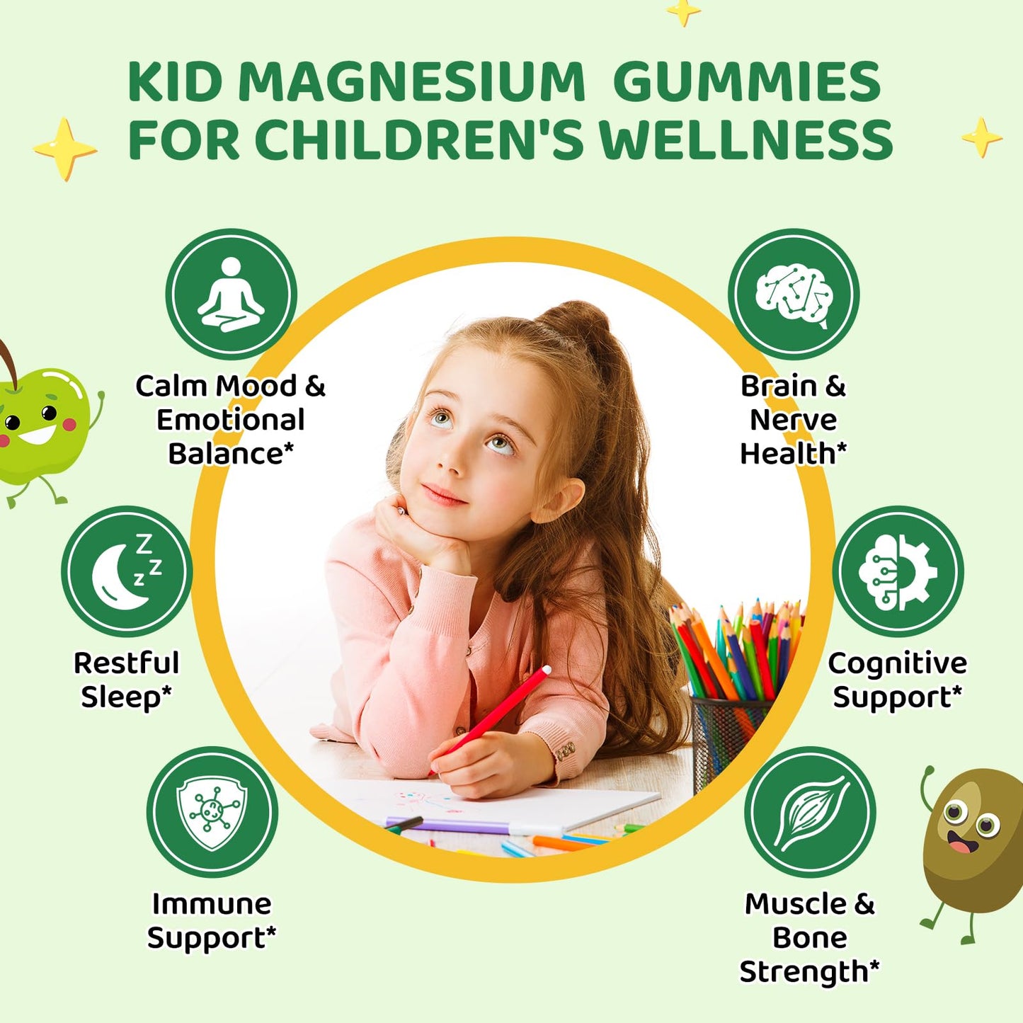 Hovika Center-Filled Magnesium Glycinate Gummies for Kids with L-Theanine, Chamomile & Multivitamins for Sleep, Calm & Focus, Melatonin-Free, 120 Gummies