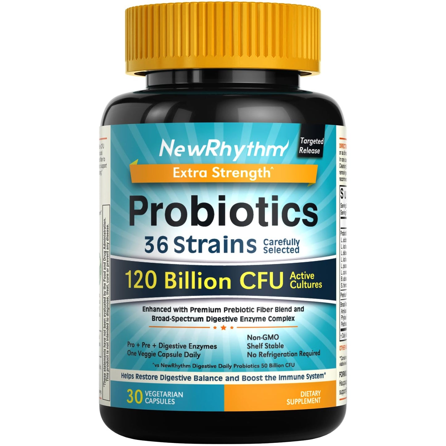 NewRhythm Probiotics 120 Billion CFU 36 Strains 3-in-1 with Prebiotics & Enzymes Capsules, 30 Count