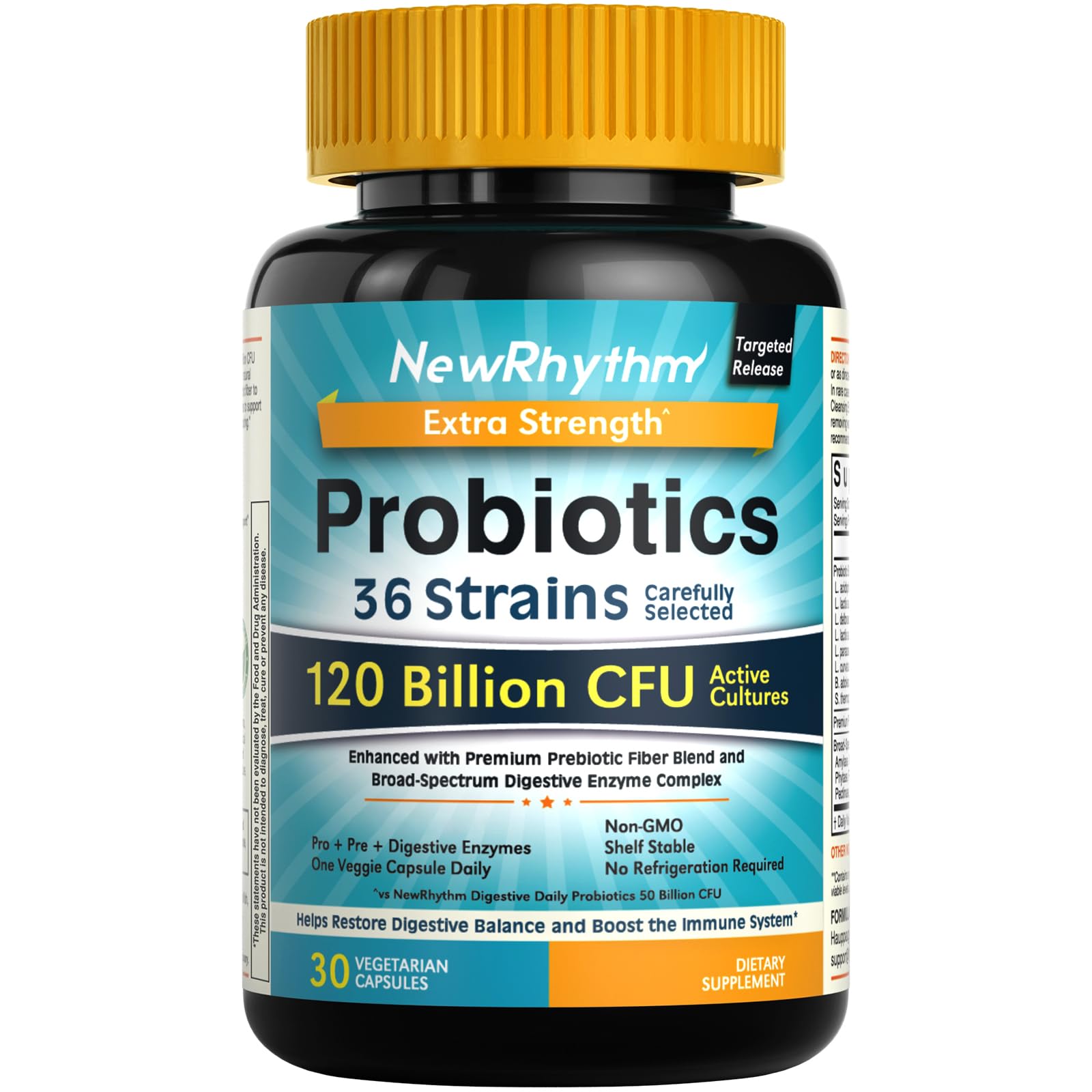 NewRhythm Probiotics 120 Billion CFU 36 Strains 3-in-1 with Prebiotics & Enzymes Capsules, 30 Count