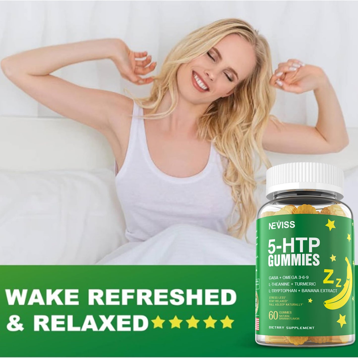 NEVISS 5-HTP 400mg Gummies + GABA - Melatonin-Free Relaxation Gummies with Banana Extract, L-Theanine, Turmeric, L-Tryptophan, D3 for Healthy Rest Cycle, Circadian Rhythm, Brain & Muscle Relax, 120 Gummies