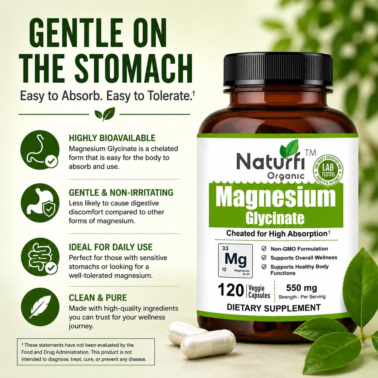 Naturfi Organic Magnesium Glycinate Capsules, 120 Count