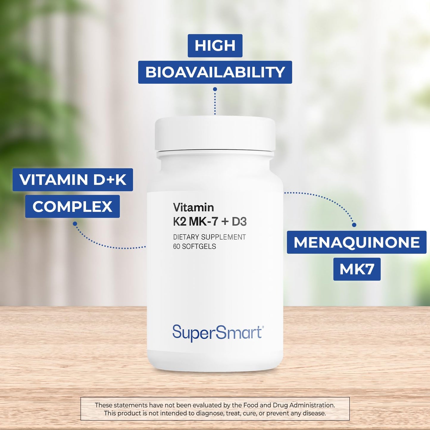 Supersmart Vitamin K2 MK7 + Vitamin D3 90mcg per Day (High Bioavailability) - Menaquinone Supplement - Vitamin D & K Complex, 60 Softgels