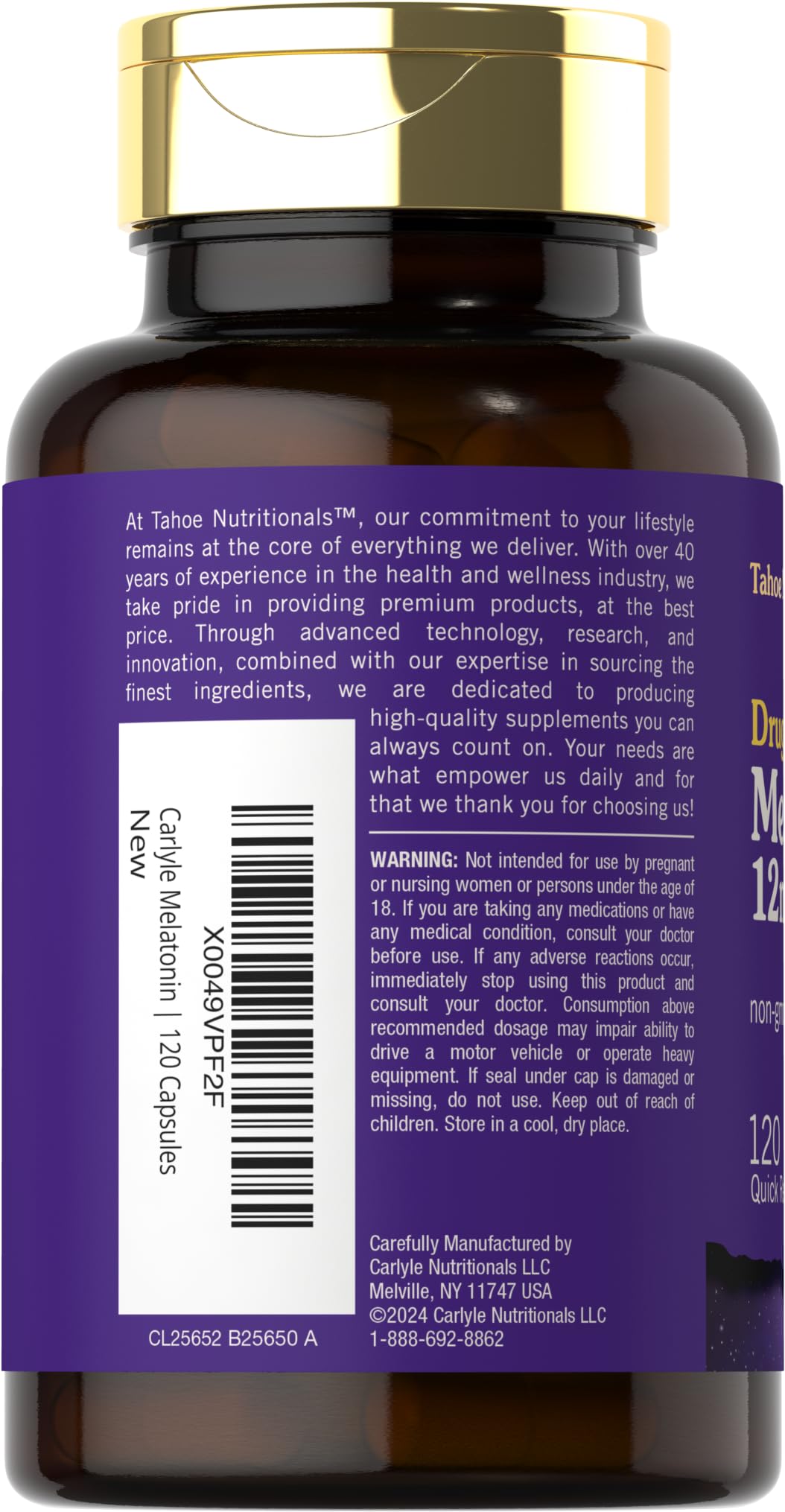 Tahoe Nutritionals Melatonin 12 mg Capsules, 120 Count
