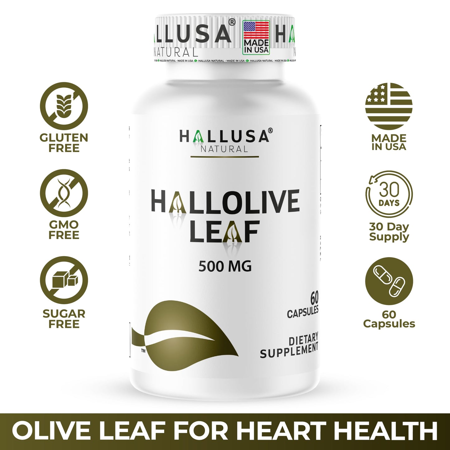 Hallusa Natural HALLOLIVE Olive Leaf 1000 mg Capsule, 60 Count