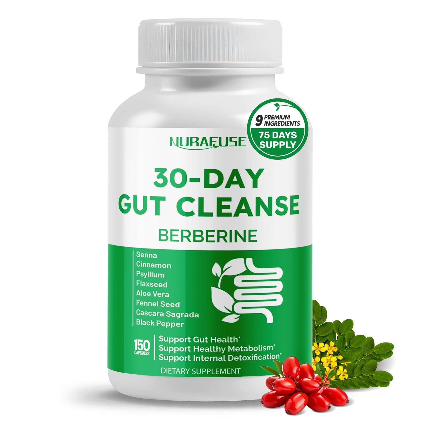 NURAFUSE 30-Day Gut Cleanse with Berberine and Senna, Cinnamon, Psyllium, Flaxseed, Aloe Vera – Supports Gut Health, Healthy Metabolism, 150 Capsules