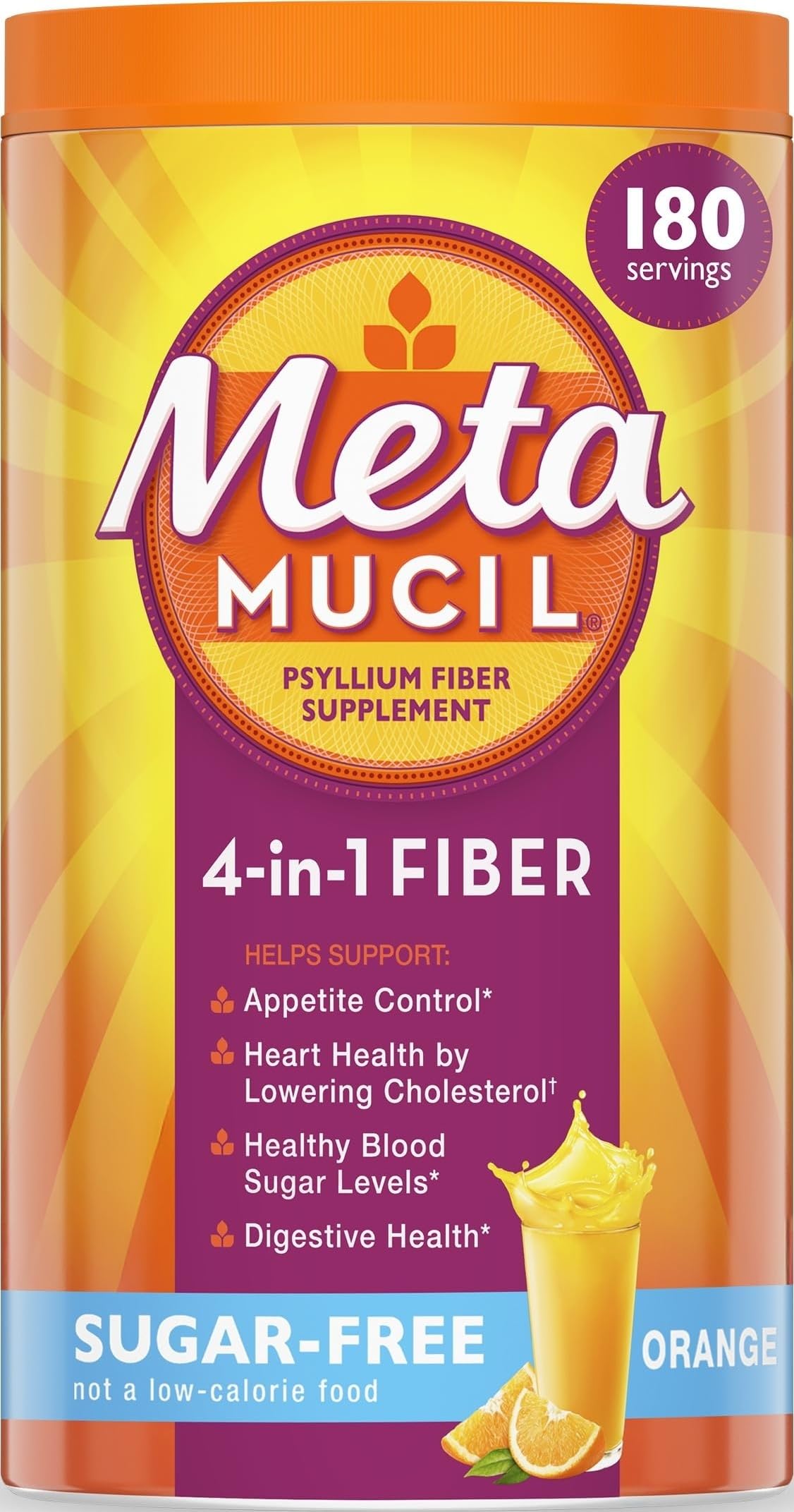 Metamucil 4-in-1 Psyllium Husk GLP-1 Friendly Sugar-Free Orange Flavored Fiber Supplement Powder 36.8 oz