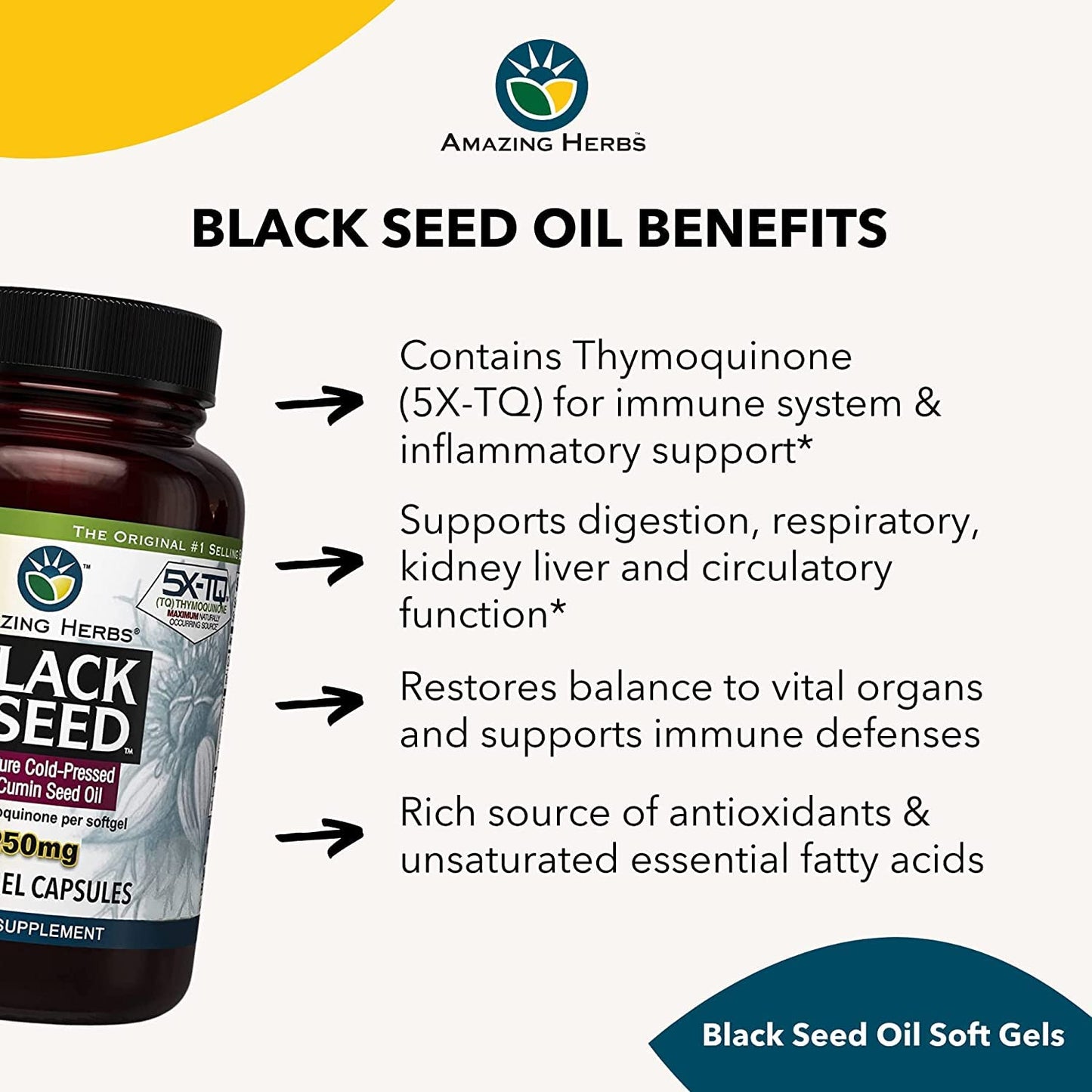 Amazing Herbs Premium Black Cumin Capsules 1250mg, 120 Count