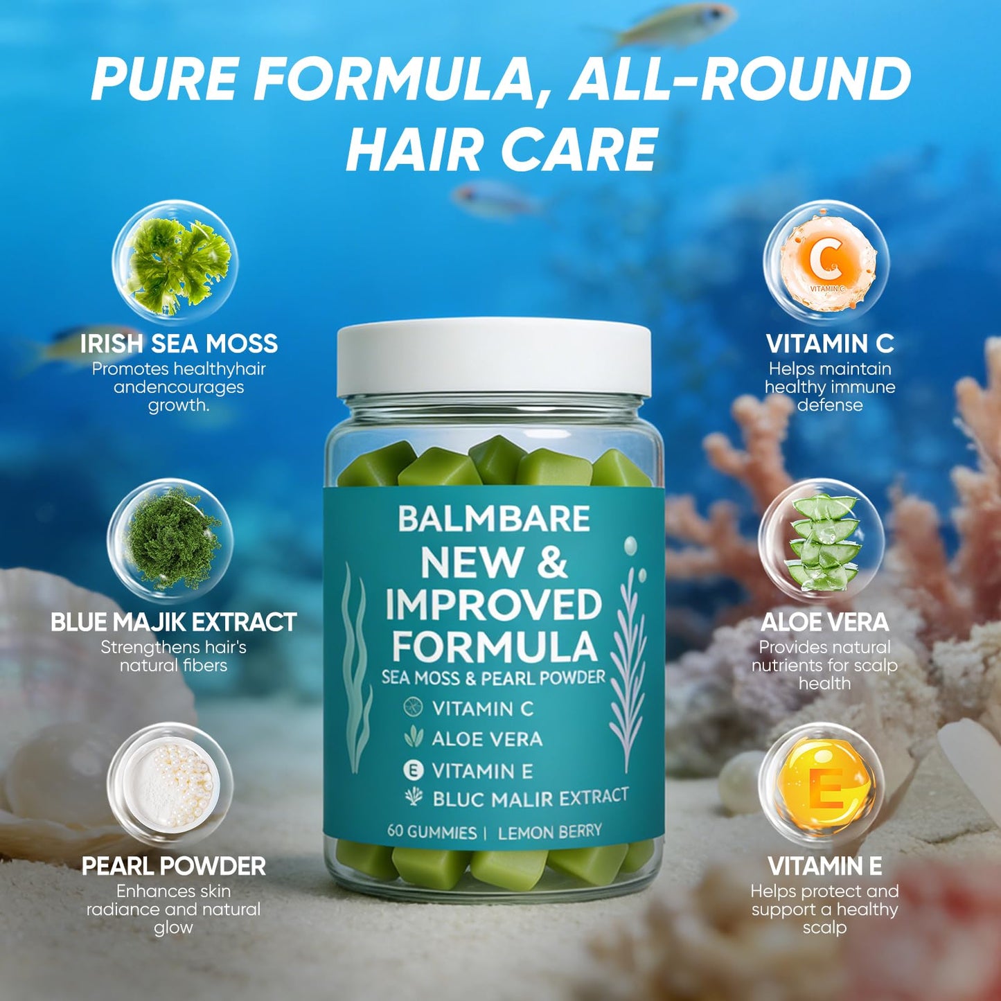 Balmbare Revive Plus Gummies for Hair Loss with Sea Moss, Liposomal Vitamin C, Vitamin E, Aloe Vera, Pearl Powder, 60 Count