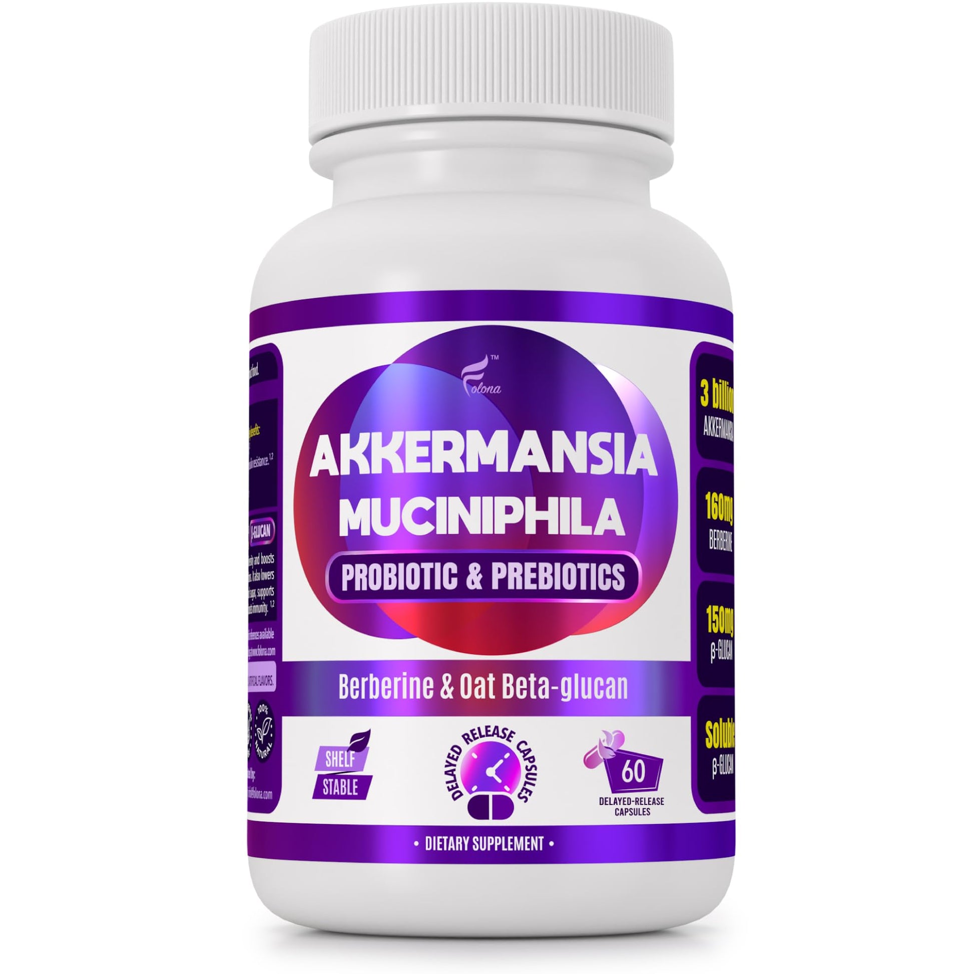 FOLONA Akkermansia GLP-1 Probiotic with Berberine, 60 Capsules