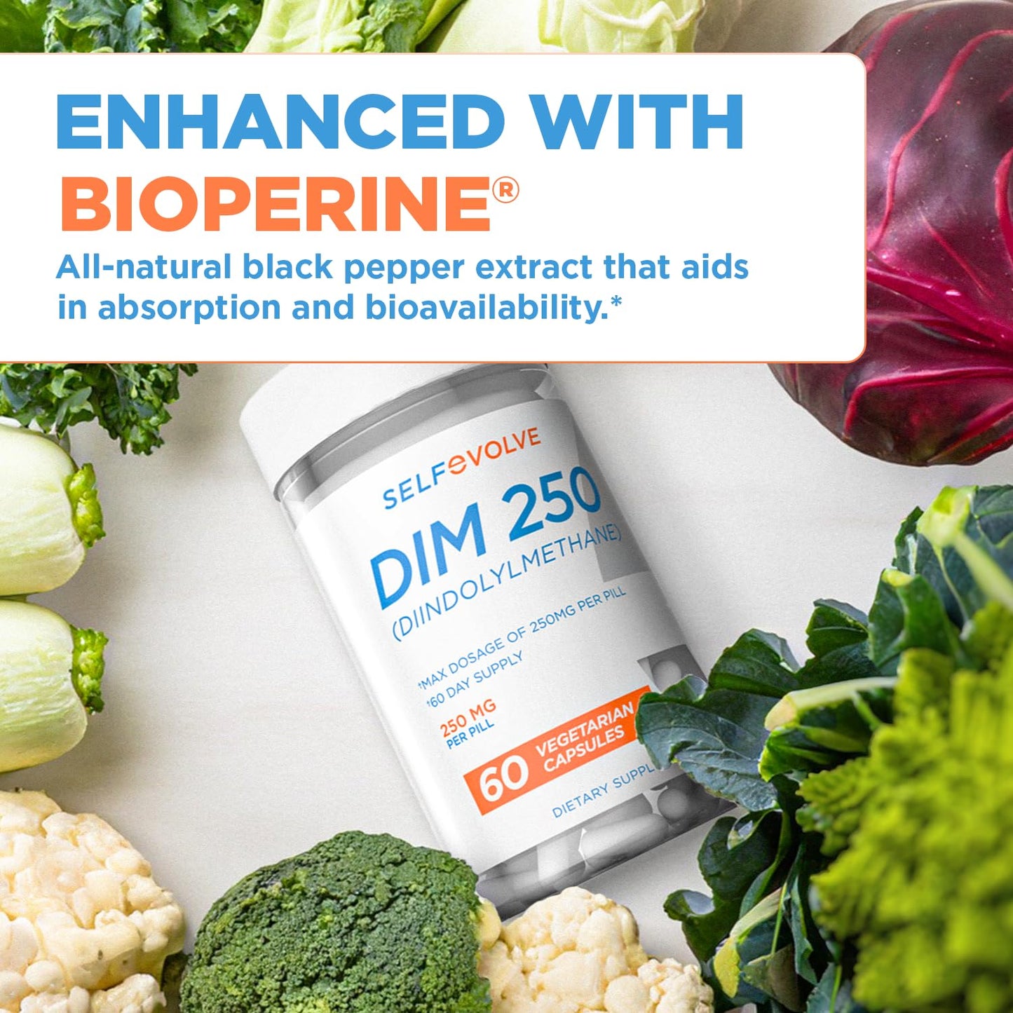 selfevolve DIM Supplement 250 mg with BioPerine, Estrogen Balance & Hormone Balance for Women & Men, Capsule, 60 Capsules