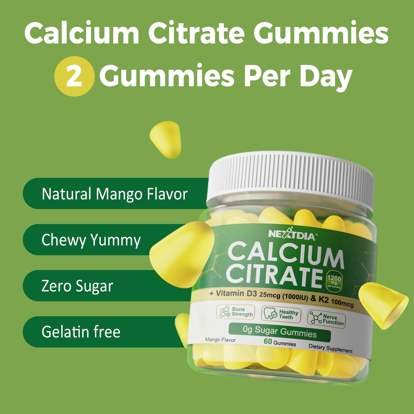Nextdia Calcium Citrate Gummies 1200mg with Vitamin D3 K2, 60 Gummies
