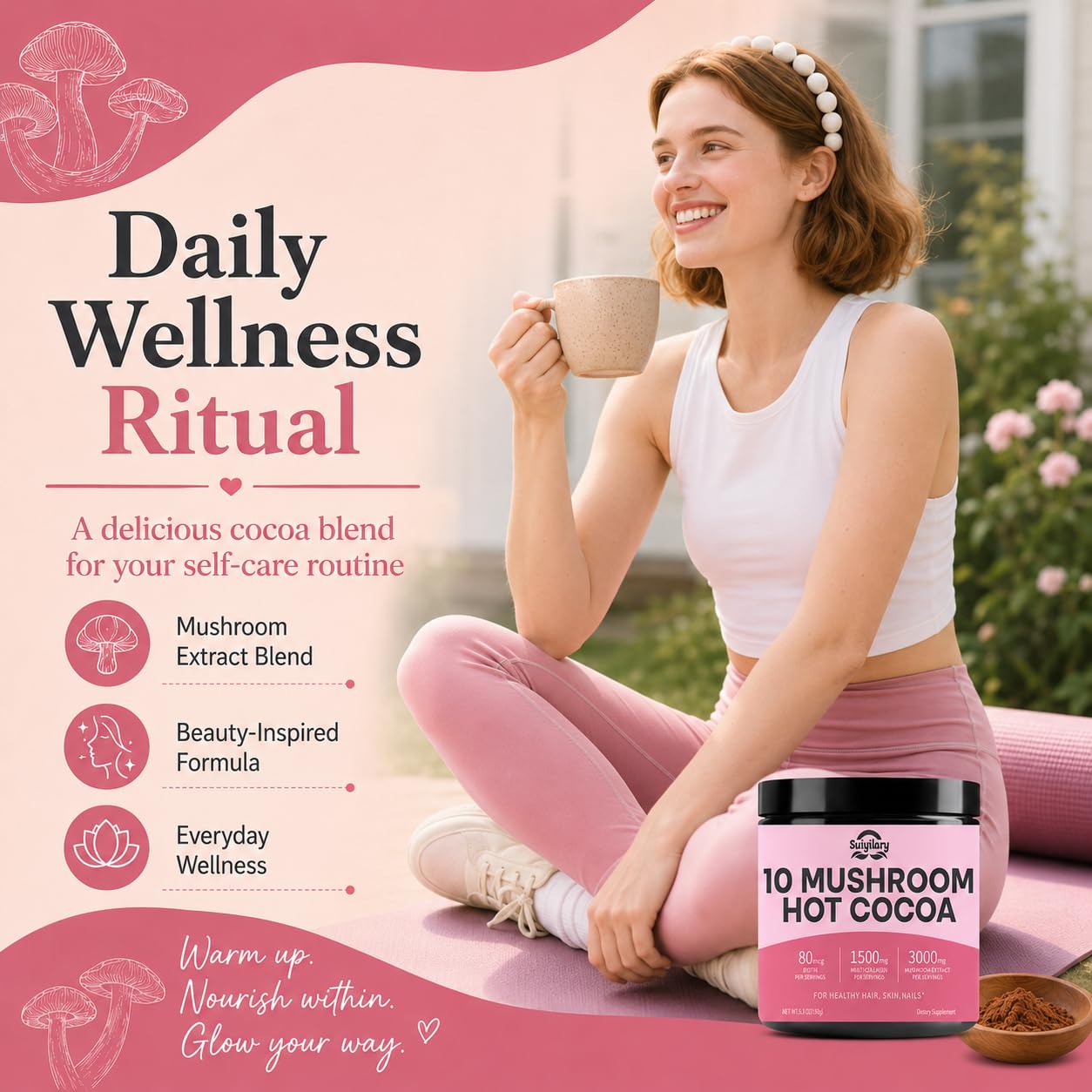 Suiyilary 10 Mushroom Hot Cocoa with Collagen 1500mg & Biotin 80mcg Powder, 5.3 oz