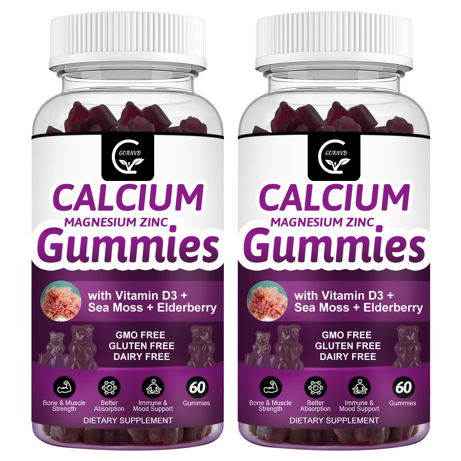 GORNVB Calcium Magnesium Zinc Gummies with High Absorption Magnesium Glycinate 300mg, Potassium - Plant Complex Calcium Magnesium 2:1 Ratio, with D3 Sea Moss for Bone, Immune & Sleep Support, Vegan-2 Pack, 120 Gummies