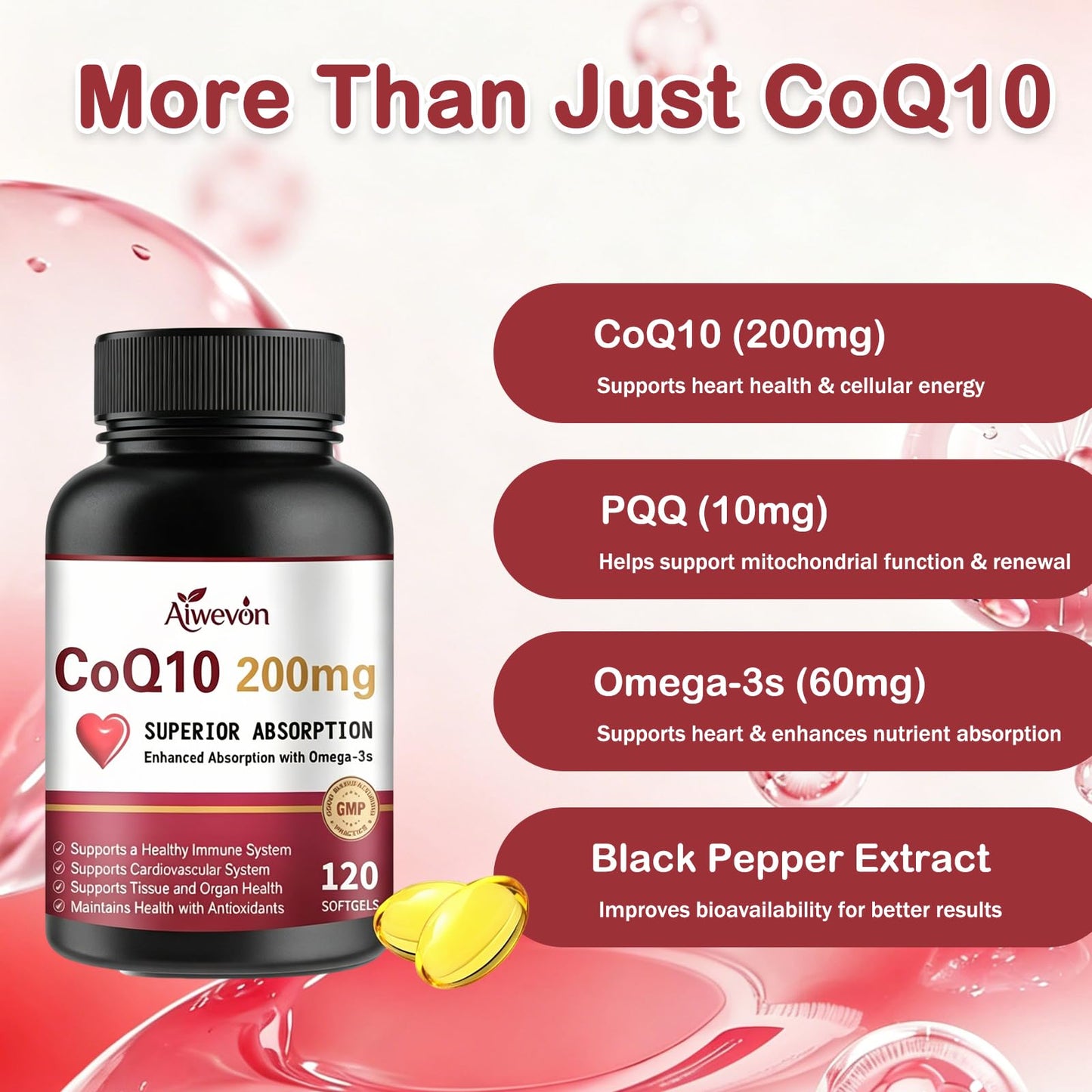 Aiwevon CoQ10 200mg Softgels with PQQ & Omega 3, 120 Count