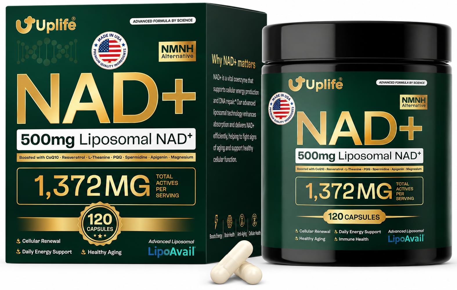 UPLIFE NAD+ Supplement 1,372mg Liposomal NAD+ with CoQ10, Resveratrol, Spermidine, L-Theanine, Apigenin & PQQ NMNH Alternative Booster for Cellular Energy, Healthy Aging, Immune Health, 120 Capsules