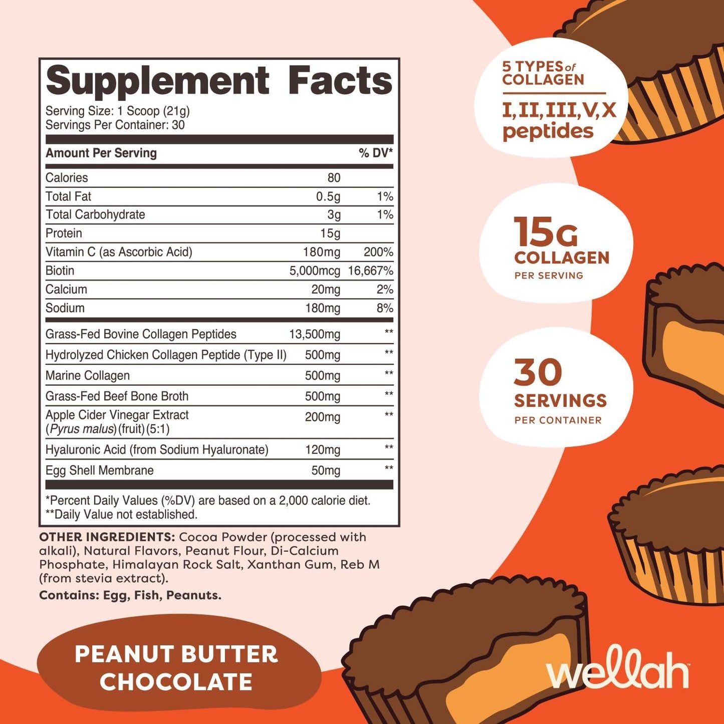 Wellah The Afterglow Multi Collagen Protein + Beauty (Peanut Butter Chocolate Flavored) Powder 22.4 oz
