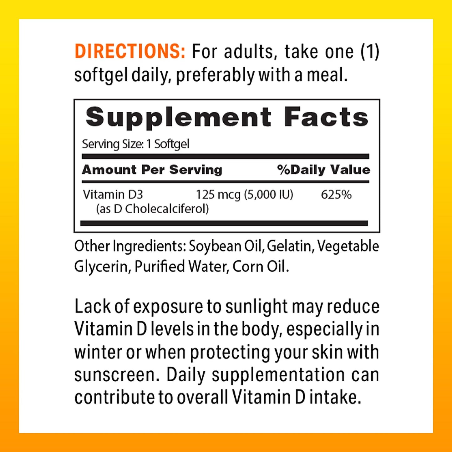 Vitamin World Vitamin D3 5000 IU Softgel 100 Count