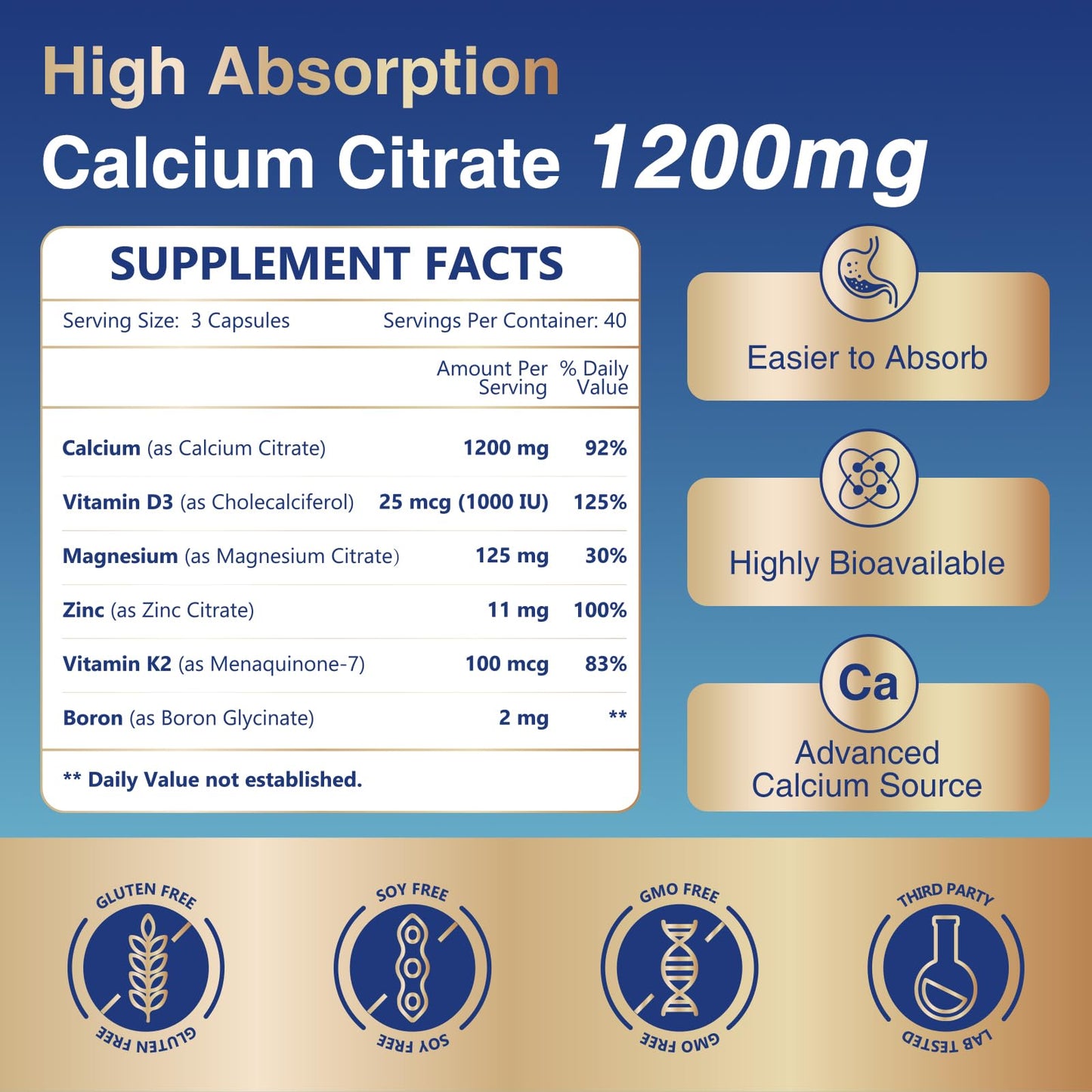 NATURE TARGET Calcium Citrate 1200mg Capsules, 120 Count