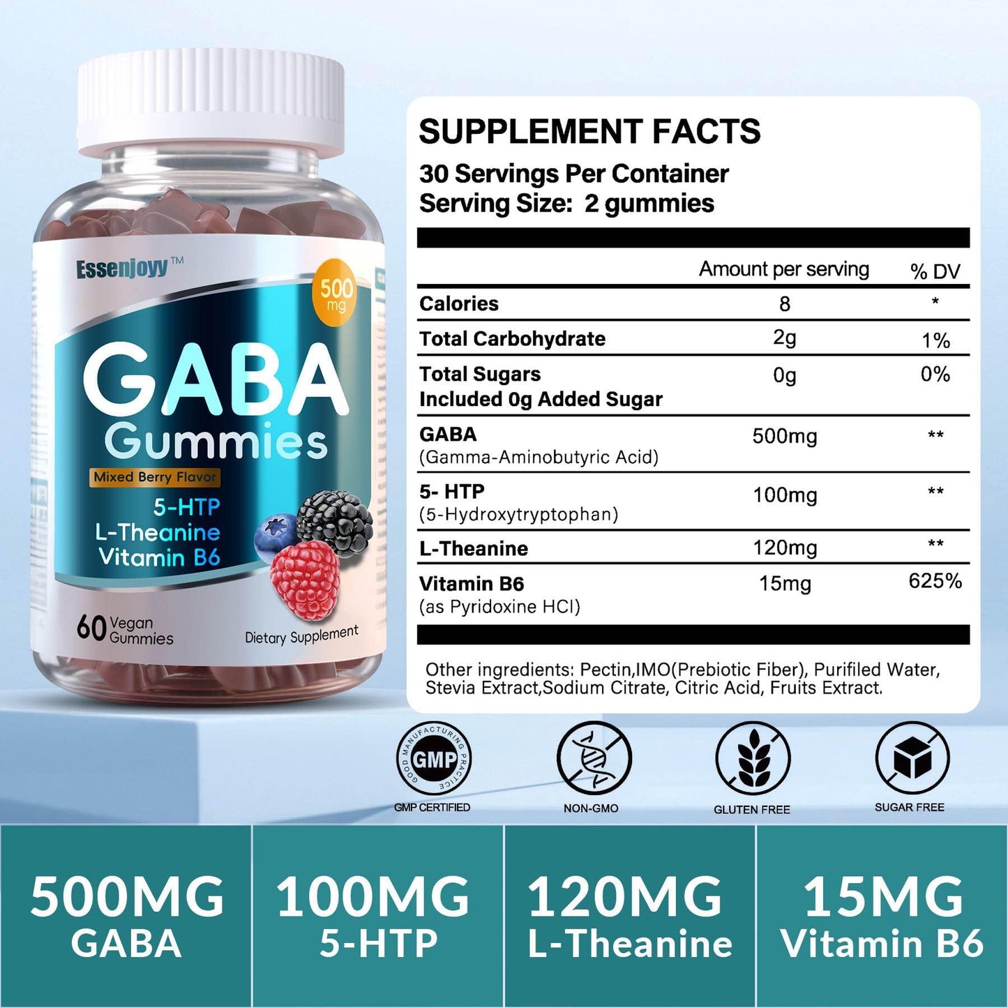 ESSENJOYY Liposomal GABA Gummies 500mg with 5-HTP, L-Theanine & Vitamin B6 Sugar Free, 120 Gummies