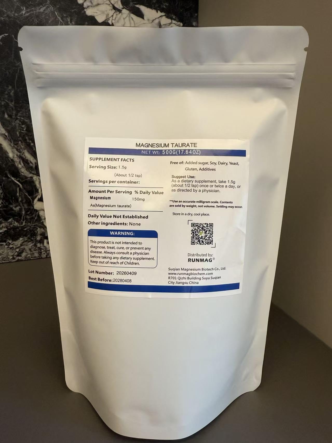 RUNMAG Magnesium Taurate Food Grade Powder 17.64 oz