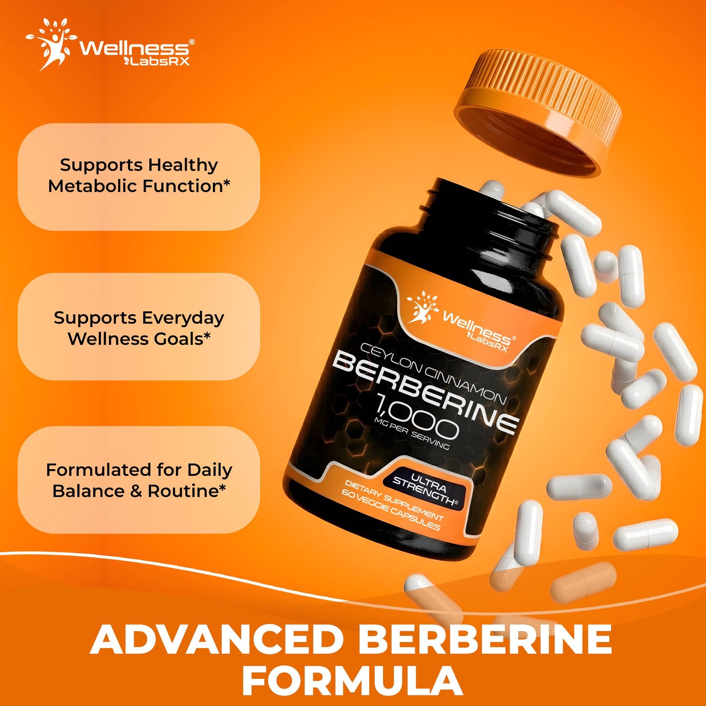 WELLNESS LABSRX Berberine 1,000mg - Third-Party Tested Berberine Supplement HCL with Ceylon Cinnamon, Black Pepper Extract and Apple Cider Vinegar, Heart Support 240 Capsules