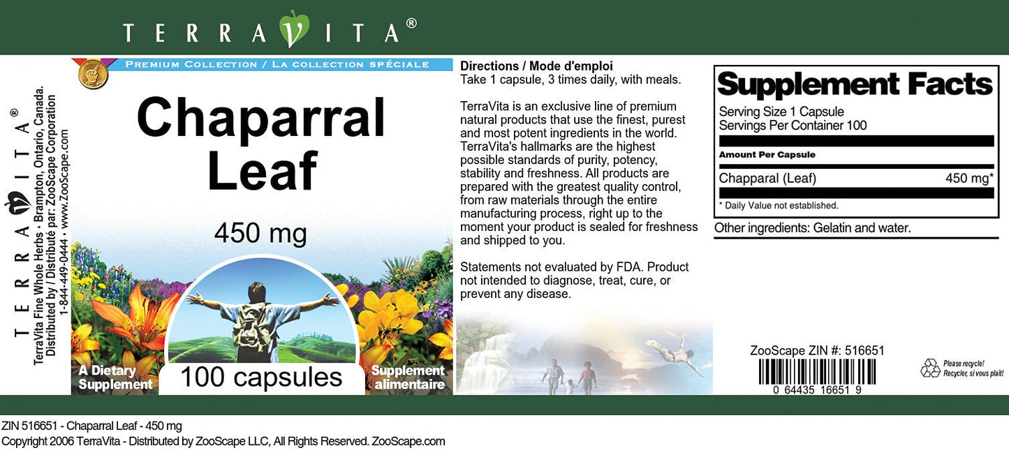 Terravita Chaparral Leaf 450 mg Capsule, 100 Capsules
