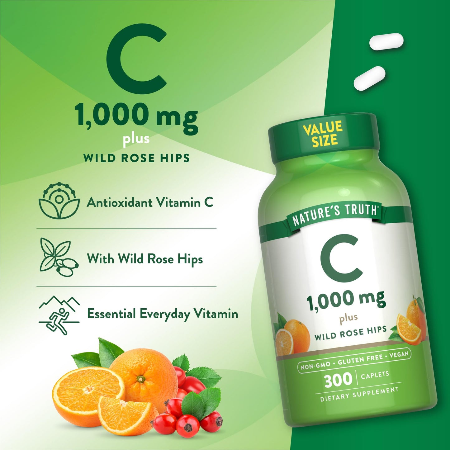 Nature's Truth Vitamin C 1000mg with Rose Hips Caplets, 300 Count