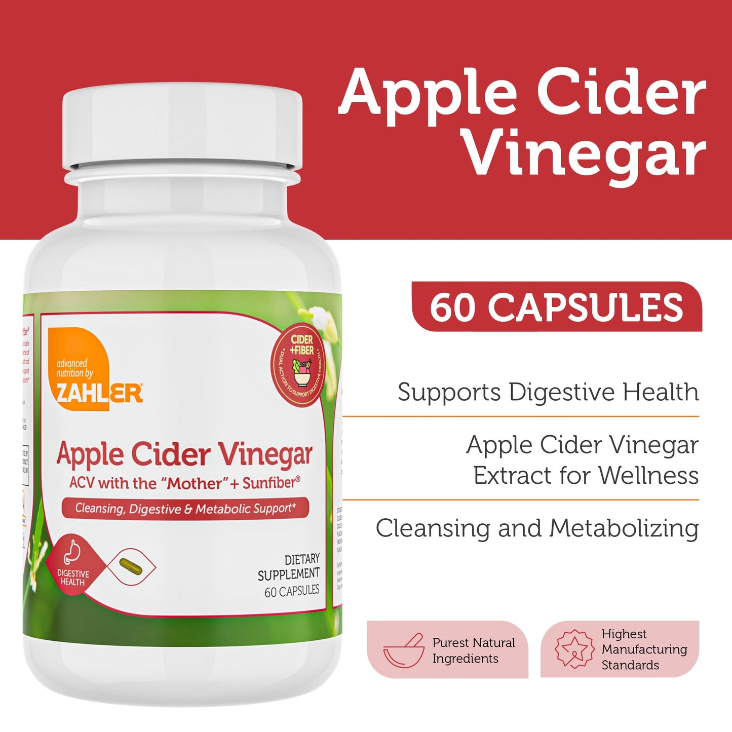 Zahler Apple Cider Vinegar Capsules with Fiber Supplement, 60 Capsules