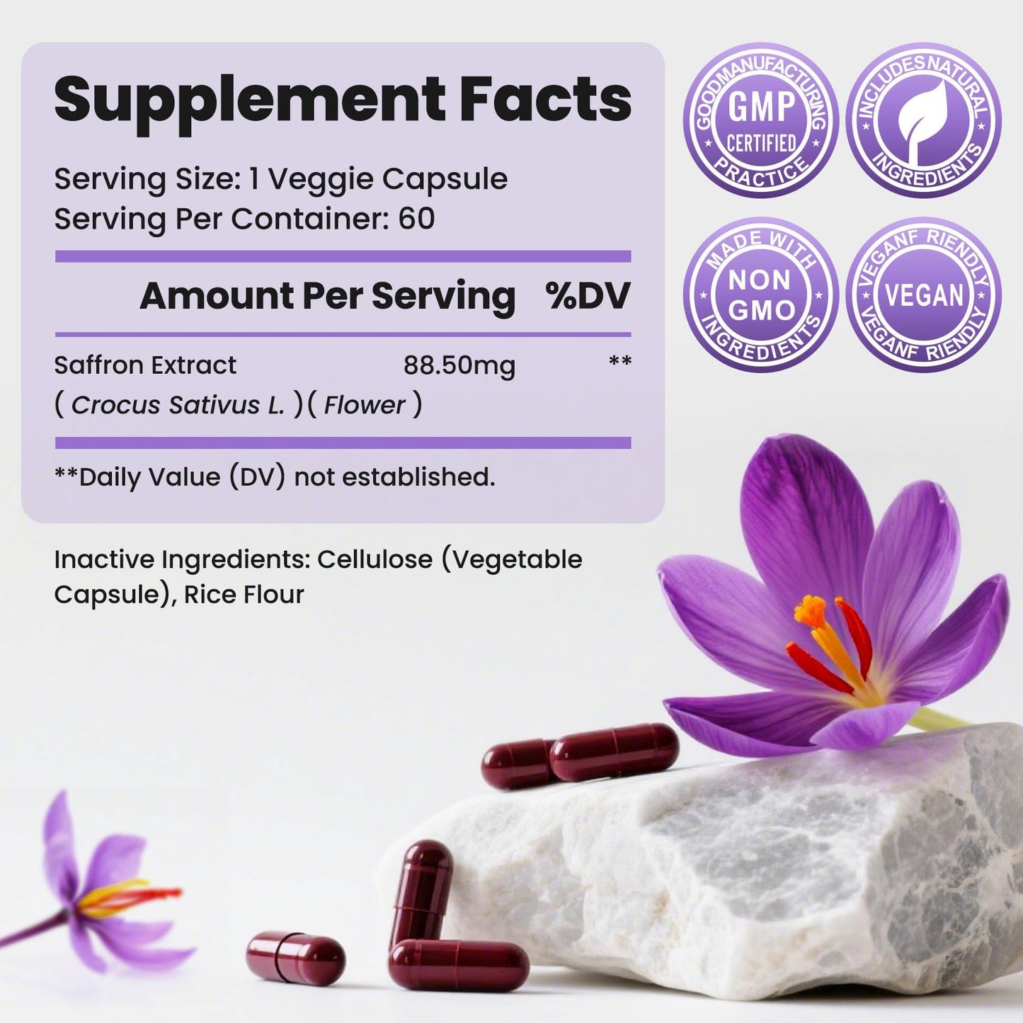 ZuriVitaNex Saffron Supplement 88.5mg Pure Saffron Extract for Mood Balance, Uplifted Mood, Vision & Immune Support, 60 Capsules