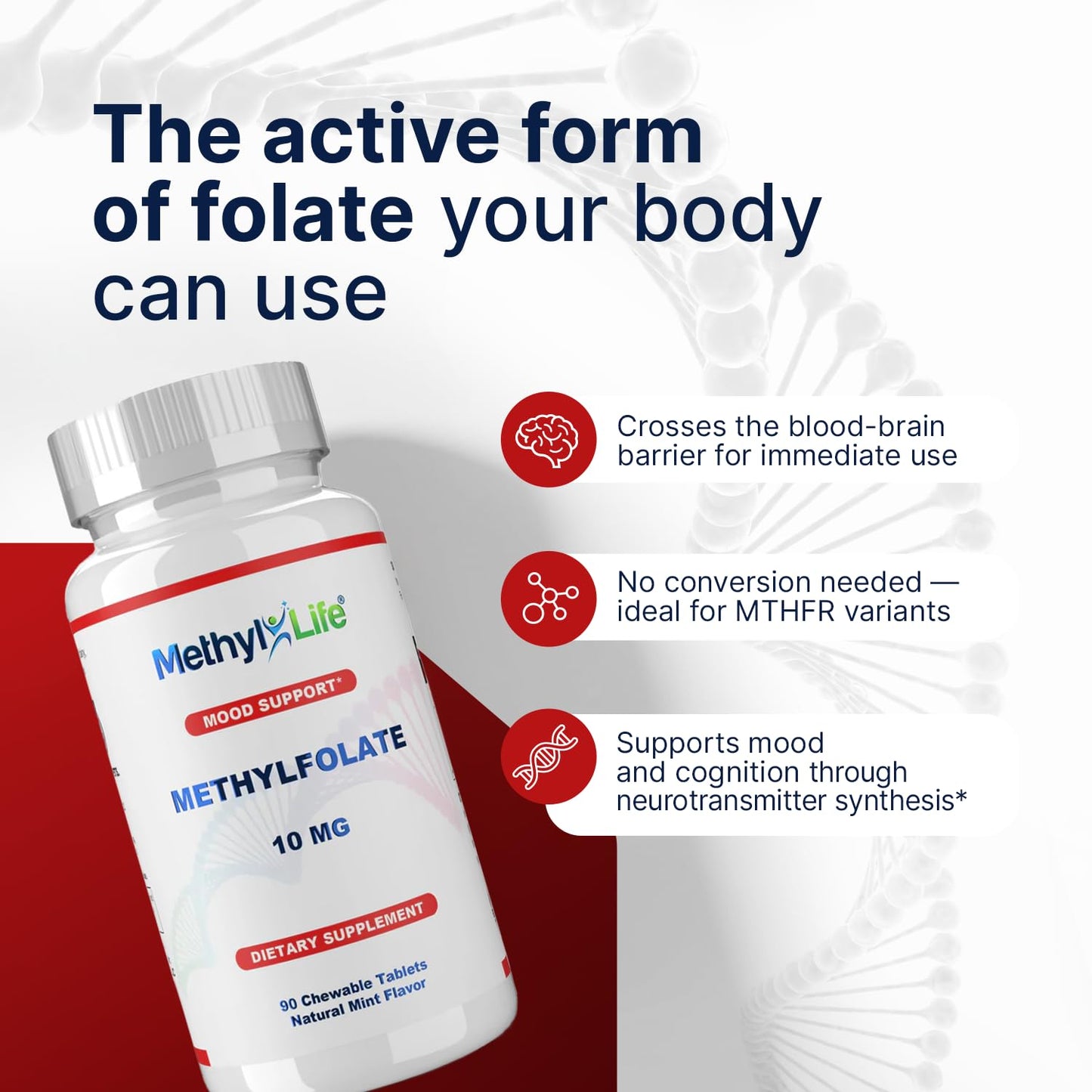 Methyl-Life L-Methylfolate 10 mg Chewable Active Folate Tablets with ultrapure Cerebrofolate (L-5-MTHF, Calcium) 90 Count