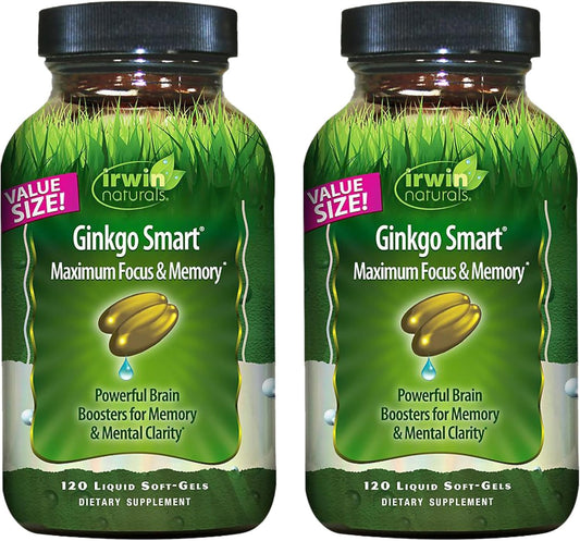 Irwin Naturals Ginkgo Smart Maximum Focus & Memory Brain Supplement with Ginkgo Biloba, Acetyl-L-Carnitine, DMAE, Liquid Softgels with BioPerine, 240 Softgels