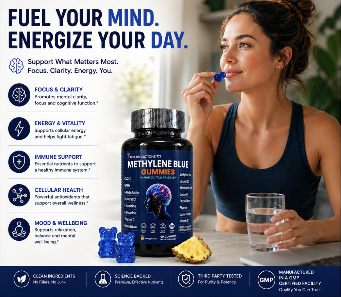True reflectionz Methylene Blue Gummies 12mg Cognitive Support with Added Vitamin C, NAD, L-Methylfolate, Methylcobalamin B12, Methylated Vitamins, 60 Count