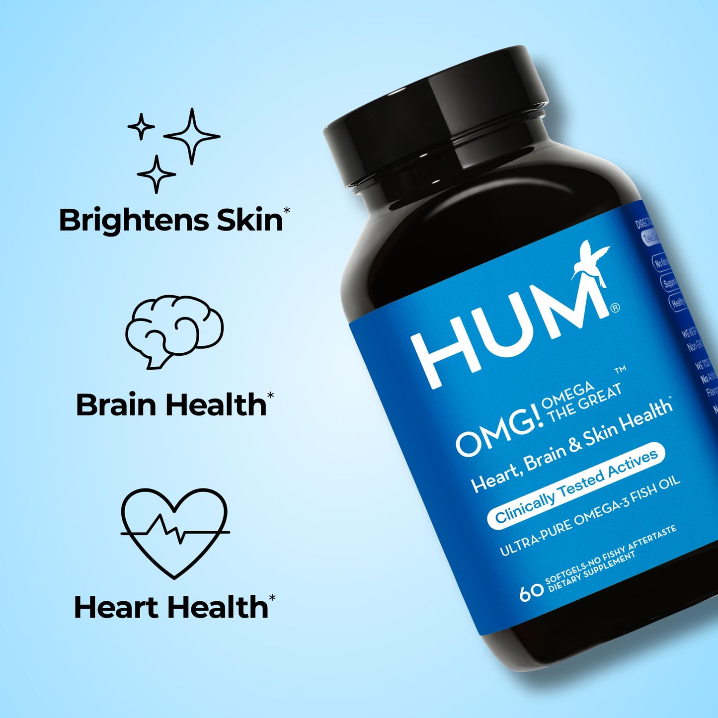 HUM OMG! Omega The Great Fish Oil, DHA, EPA & Vitamin E Softgels, 60 Count