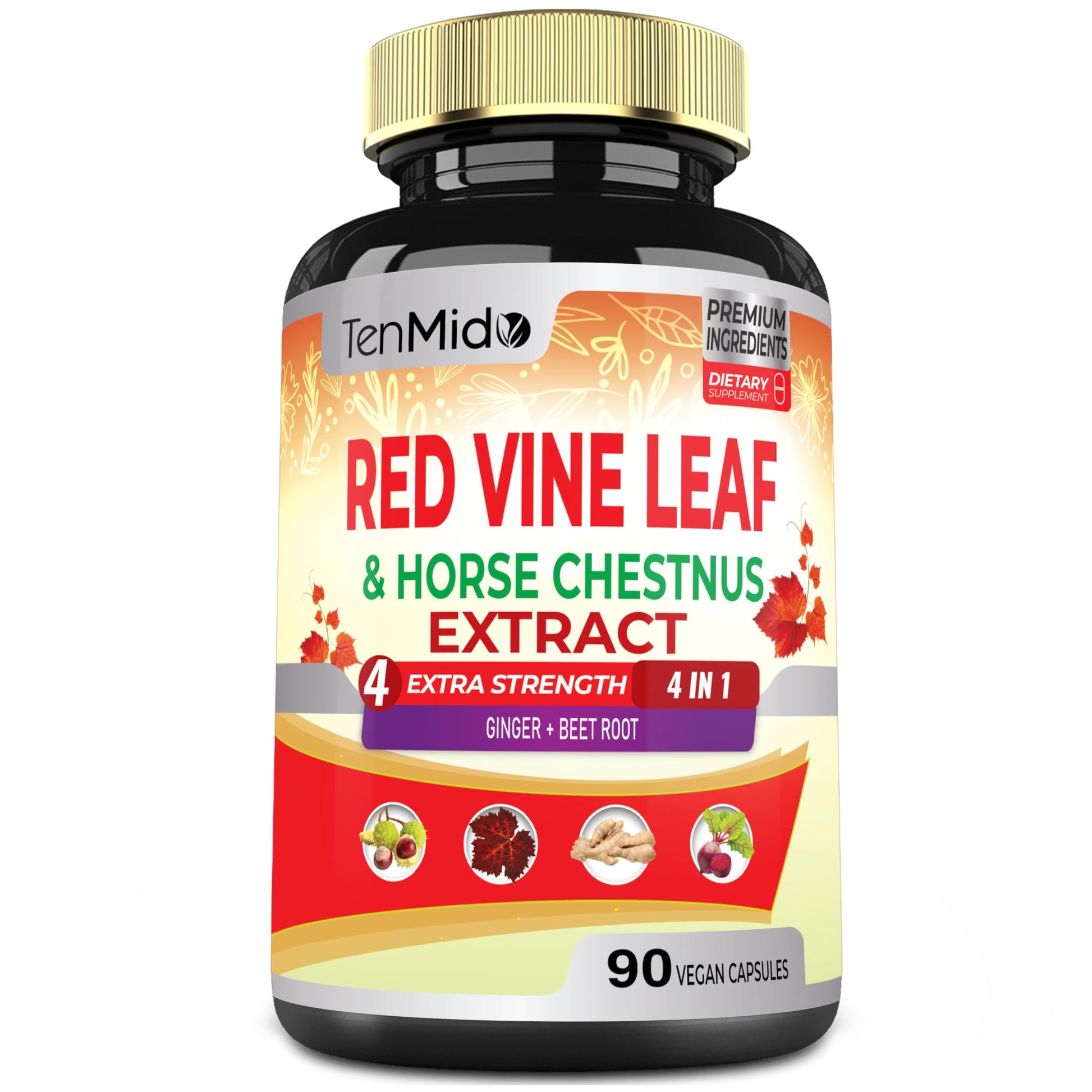 Tenmido Red Vine Leaf Extract Capsules with Horse Chestnut, Beet Root, Ginger - Herbal Supplement for Heart, Leg Vein & Energy, 120 Capsules