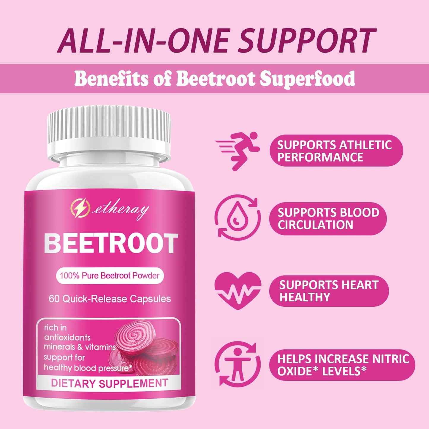 etheray Beet Root Capsules 1300mg Organic Beetroot Powder, Capsule, 60 Count