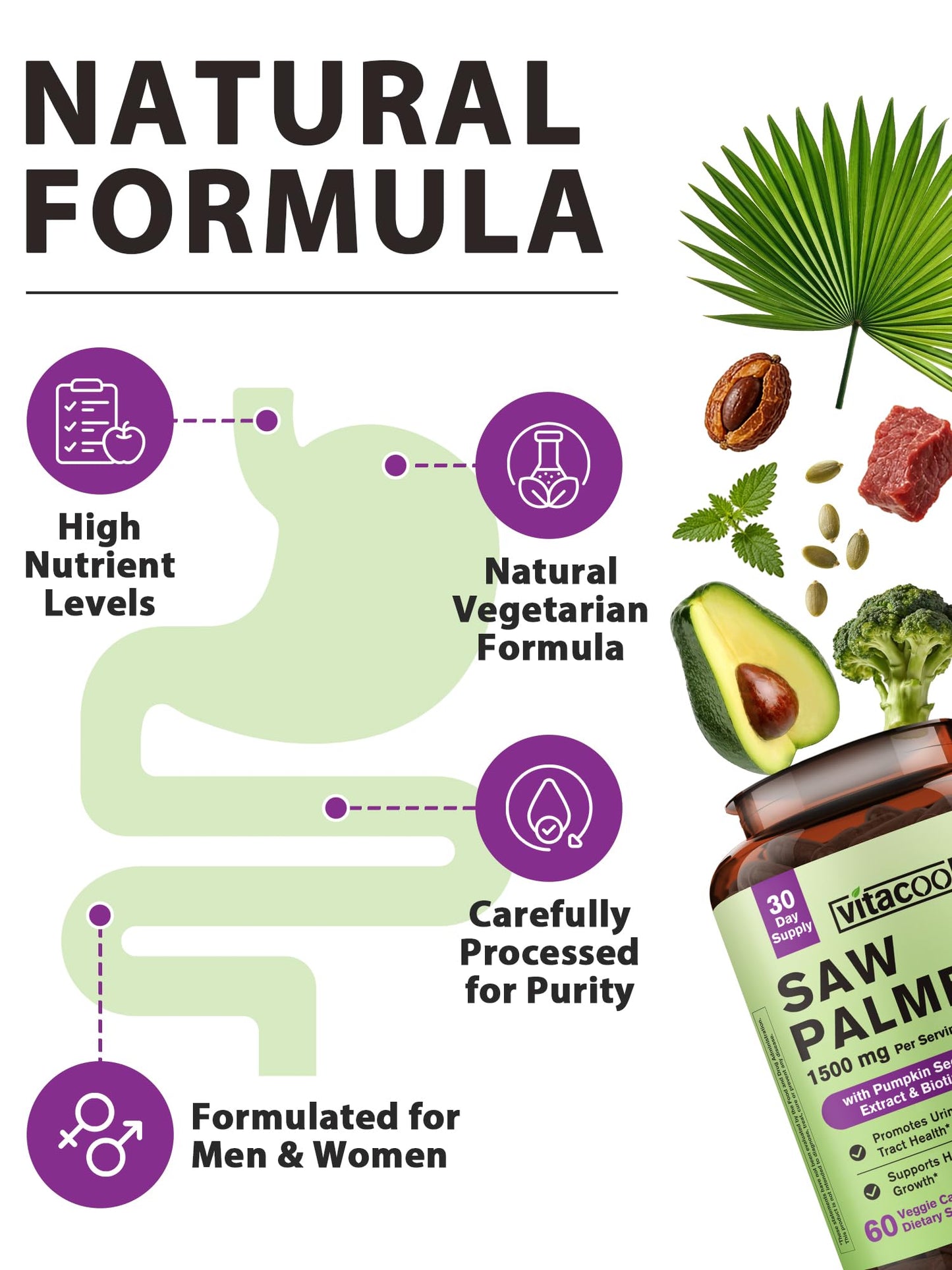 Vitacook Saw Palmetto Supplement for Men and Women 1500mg, with Pumpkin Seed Extract and Biotin, Urinary Tract Function, Hair, Skin, and Nail Health, 60 Vegetarian Capsules