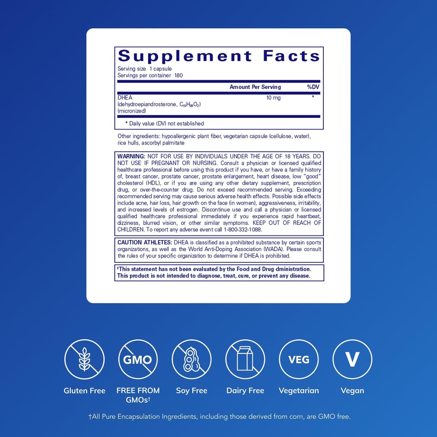Pure Encapsulations DHEA 10 mg Adrenal Support Capsule, 180 Capsules