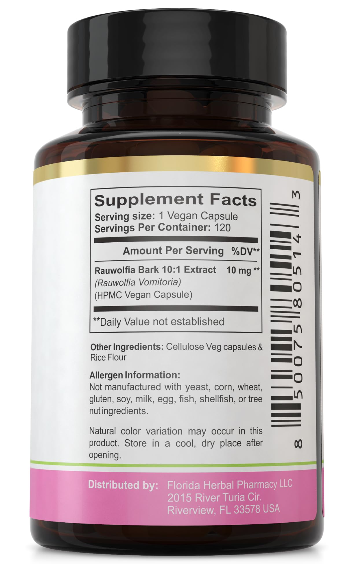 Florida Herbal Pharmacy Rauwolfia Vomitoria Extract Capsules, 120 Capsules